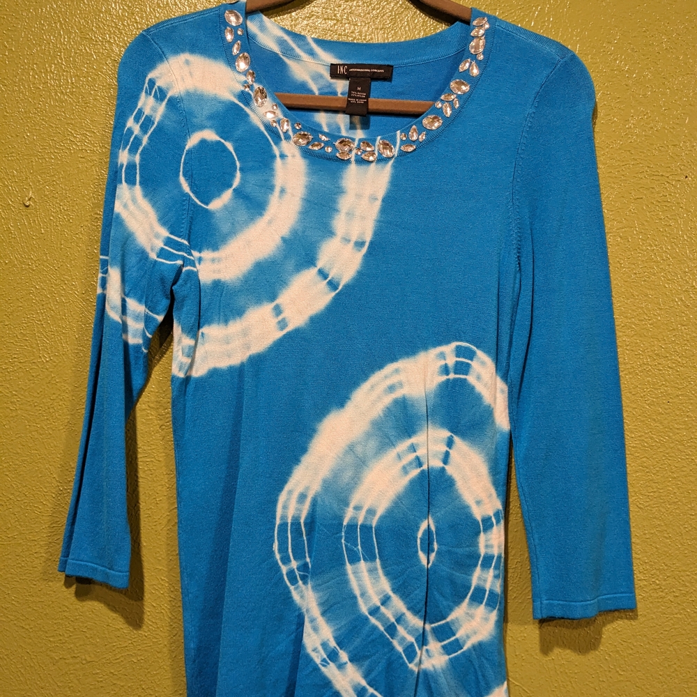INC International Concepts Blue Tie-Dye Embellished Women's Top